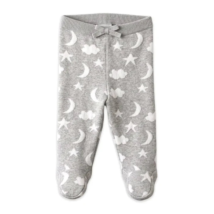 Gray footed pants with a white moon, star, and cloud pattern, featuring a ribbed waistband and a small bow detail.