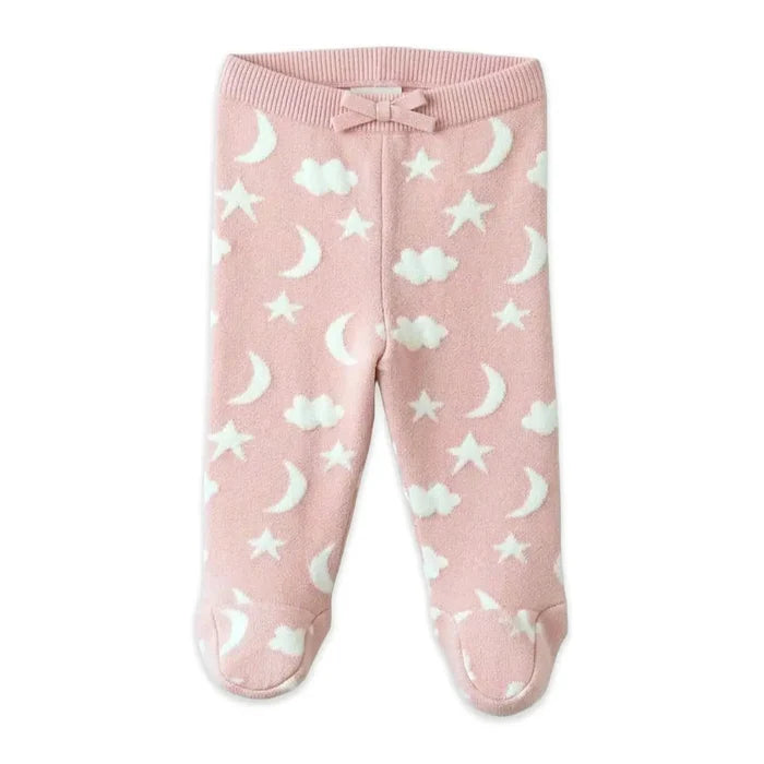 Pink knit baby tights with a white cloud and moon pattern, featuring an elastic waistband with a small bow.