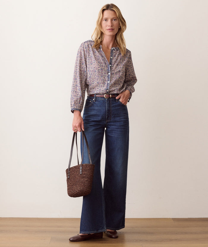 Vivian Button Through Blouse - Blue Floral