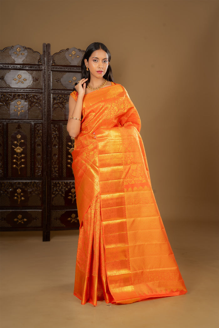 Vivid Orange Floral Kanjivaram Silk Saree