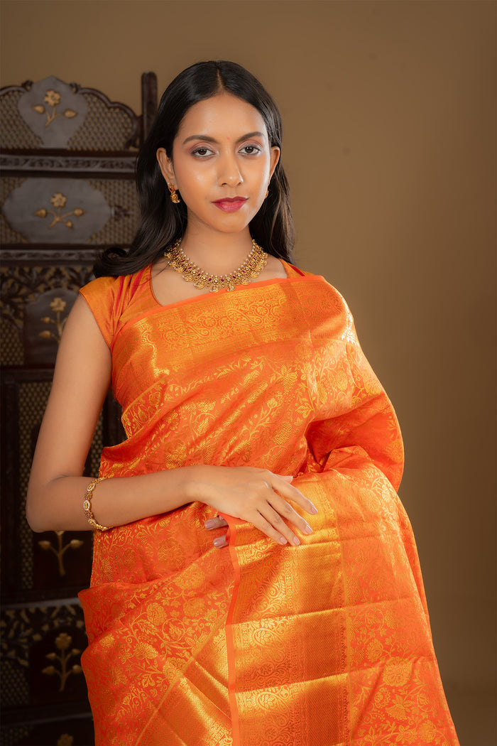 Vivid Orange Floral Kanjivaram Silk Saree