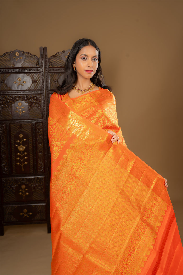 Vivid Orange Floral Kanjivaram Silk Saree