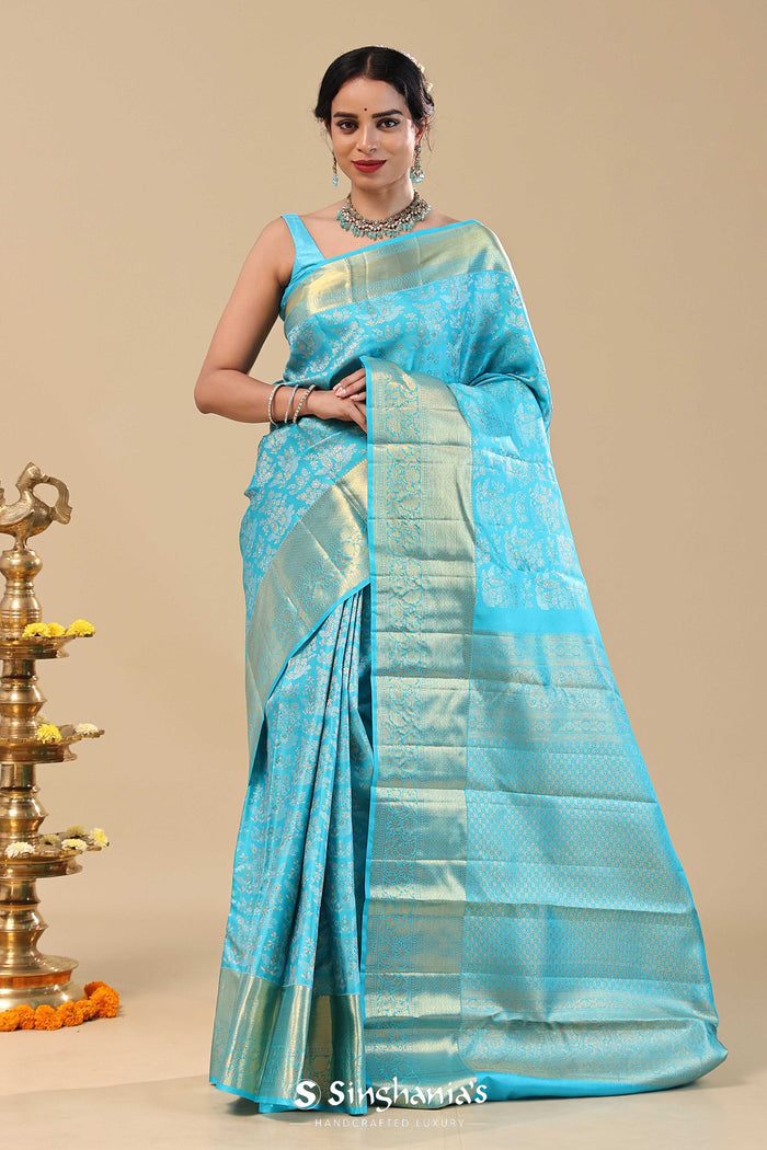 Vivid Sky Blue Kanjivaram Saree With Floral Jaal
