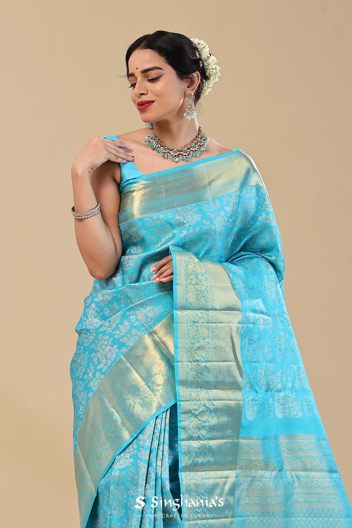 Vivid Sky Blue Kanjivaram Saree With Floral Jaal