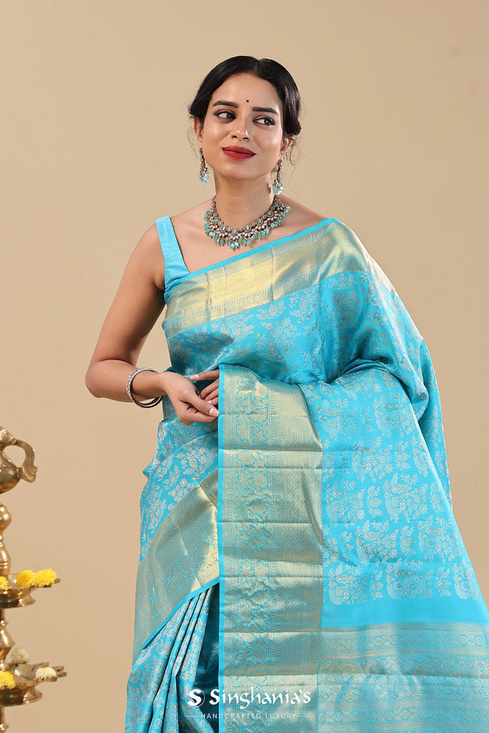 Vivid Sky Blue Kanjivaram Saree With Floral Jaal