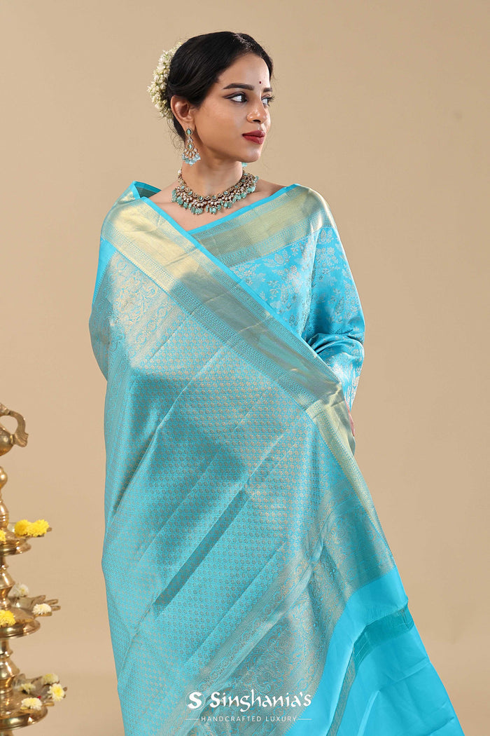 Vivid Sky Blue Kanjivaram Saree With Floral Jaal