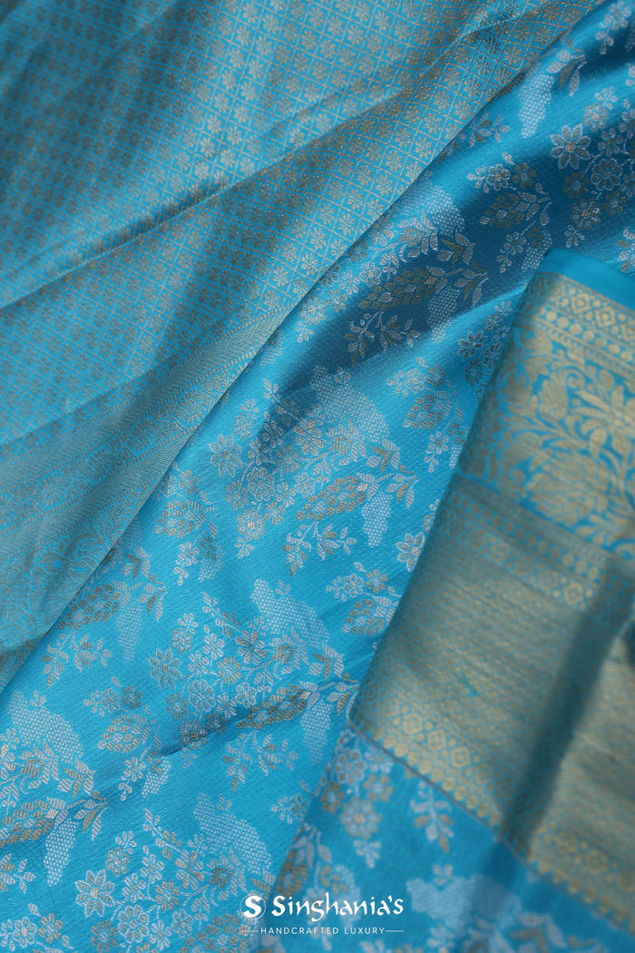 Vivid Sky Blue Kanjivaram Saree With Floral Jaal