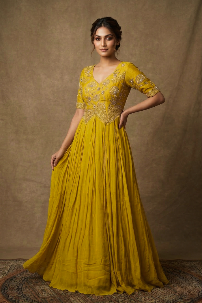 Warm Olive Green Georgette Embroidered Anarkali