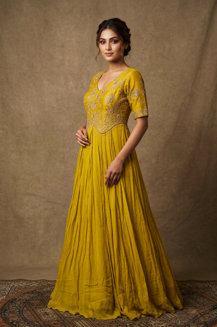 Warm Olive Green Georgette Embroidered Anarkali