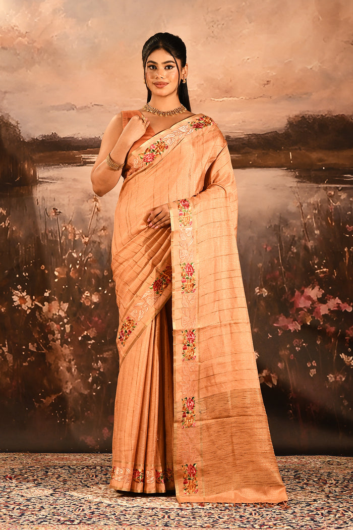 Warm Peach Dotted Weave With Floral Leaf Border Designer Saree