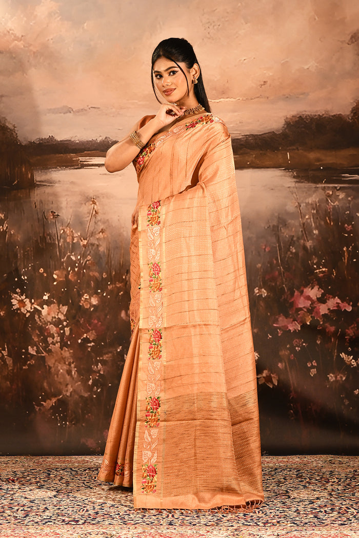 Warm Peach Dotted Weave With Floral Leaf Border Designer Saree