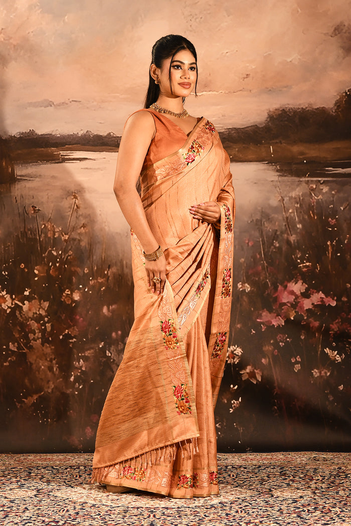 Warm Peach Dotted Weave With Floral Leaf Border Designer Saree