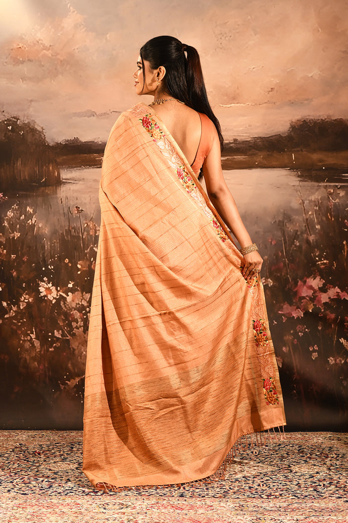 Warm Peach Dotted Weave With Floral Leaf Border Designer Saree
