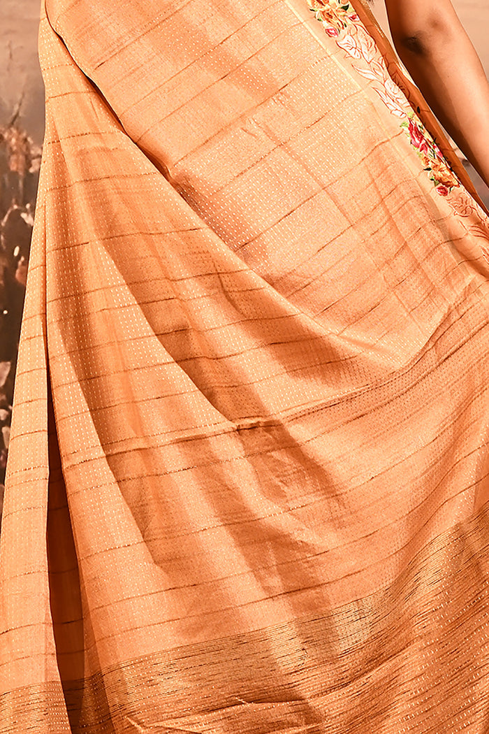 Warm Peach Dotted Weave With Floral Leaf Border Designer Saree