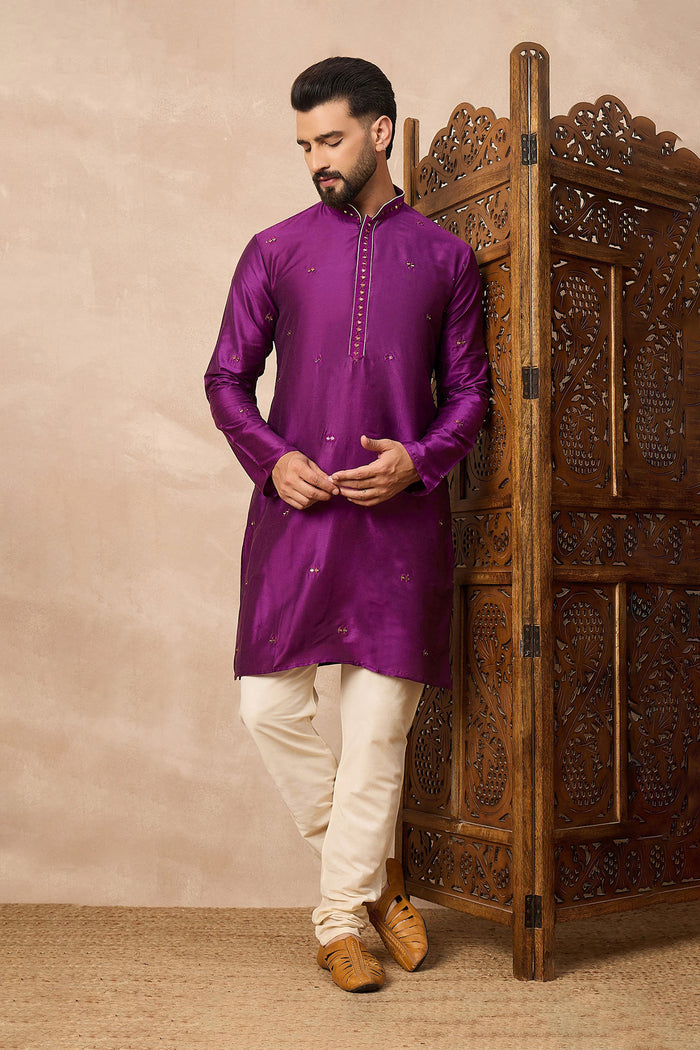 Warm Purple Cotton Blend Mirror Work Kurta Set