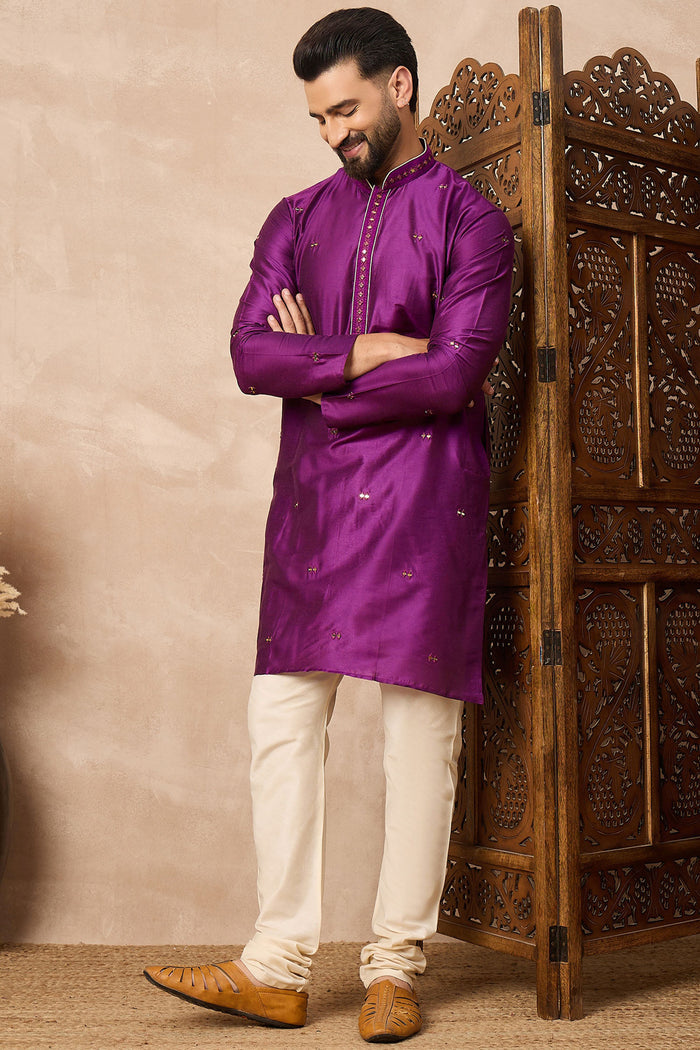 Warm Purple Cotton Blend Mirror Work Kurta Set