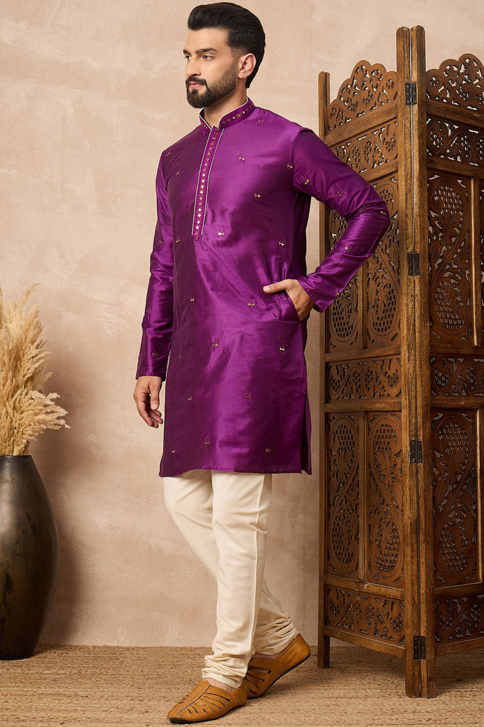 Warm Purple Cotton Blend Mirror Work Kurta Set