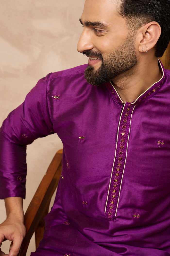 Warm Purple Cotton Blend Mirror Work Kurta Set