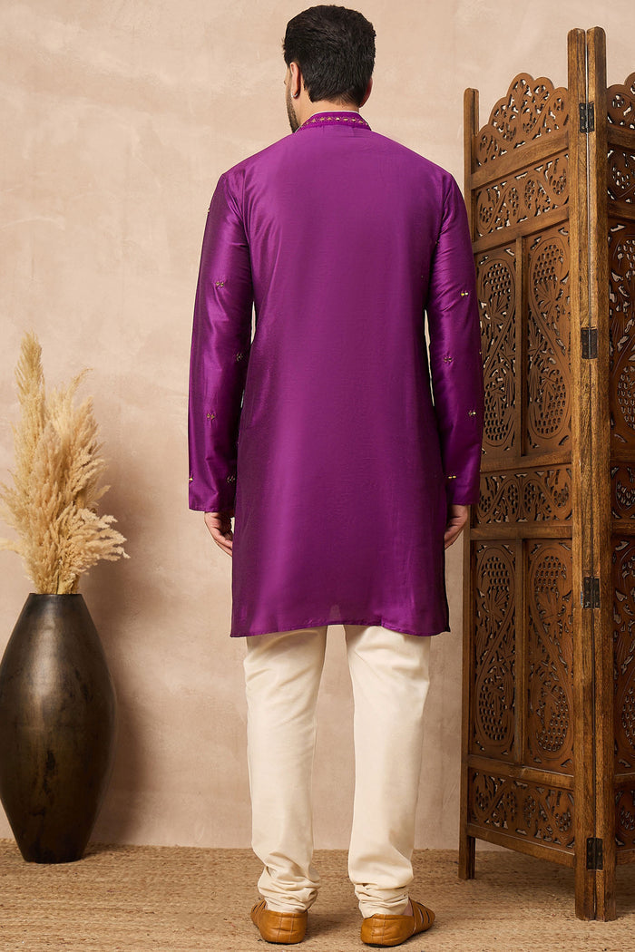 Warm Purple Cotton Blend Mirror Work Kurta Set