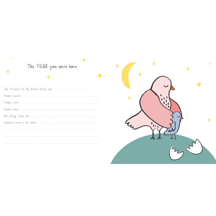 Illustration of a mother bird with a baby bird on a rock, with text about the year of birth.