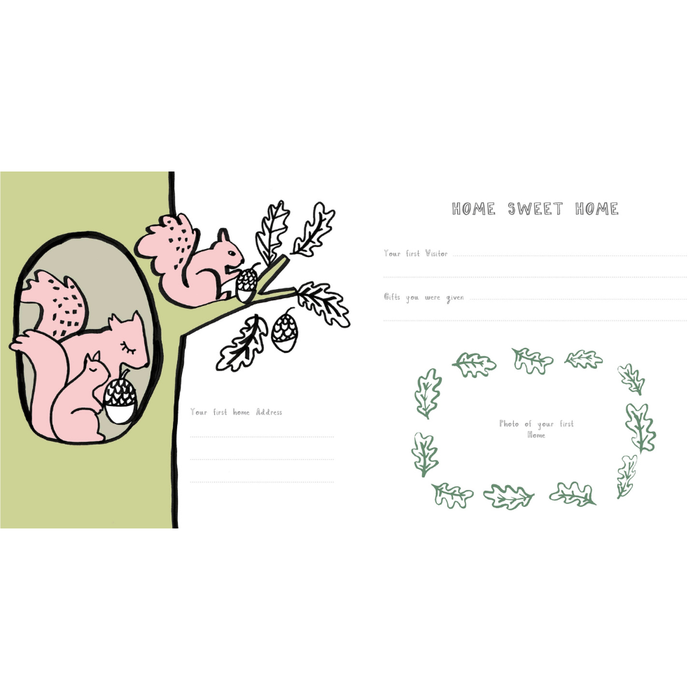 Illustration of pink squirrels in a tree with 'Home Sweet Home' text on a white background.