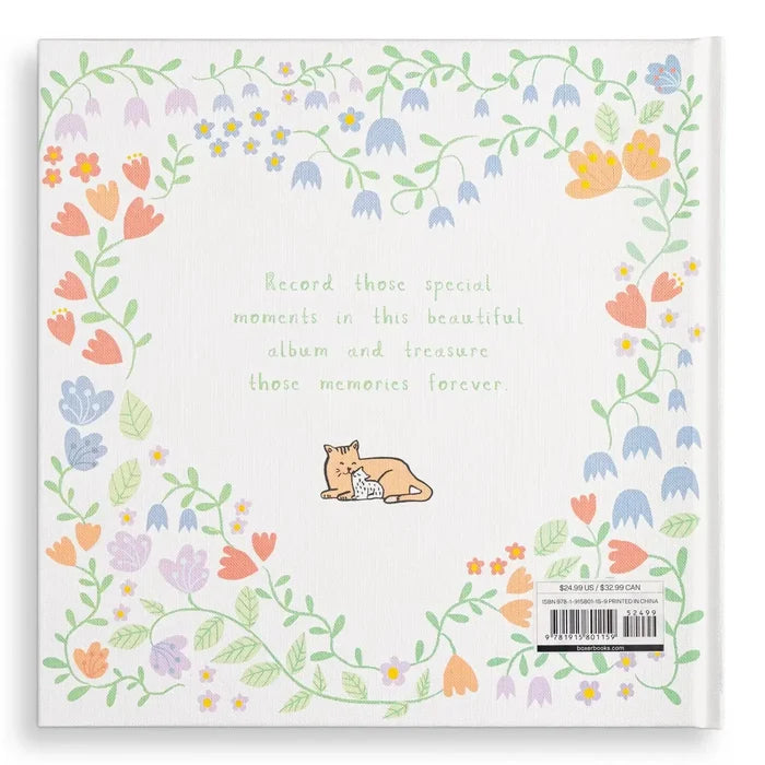 Decorative back cover with floral design and text on a white background