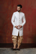 White And Beige Cotton Blend Embroidered Sherwani Set