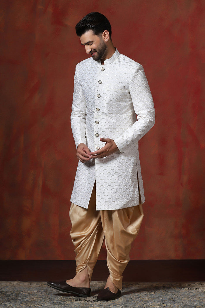 White And Beige Cotton Blend Embroidered Sherwani Set