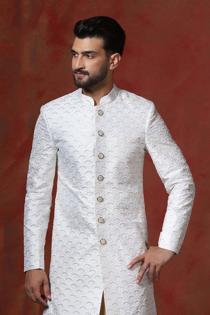 White And Beige Cotton Blend Embroidered Sherwani Set