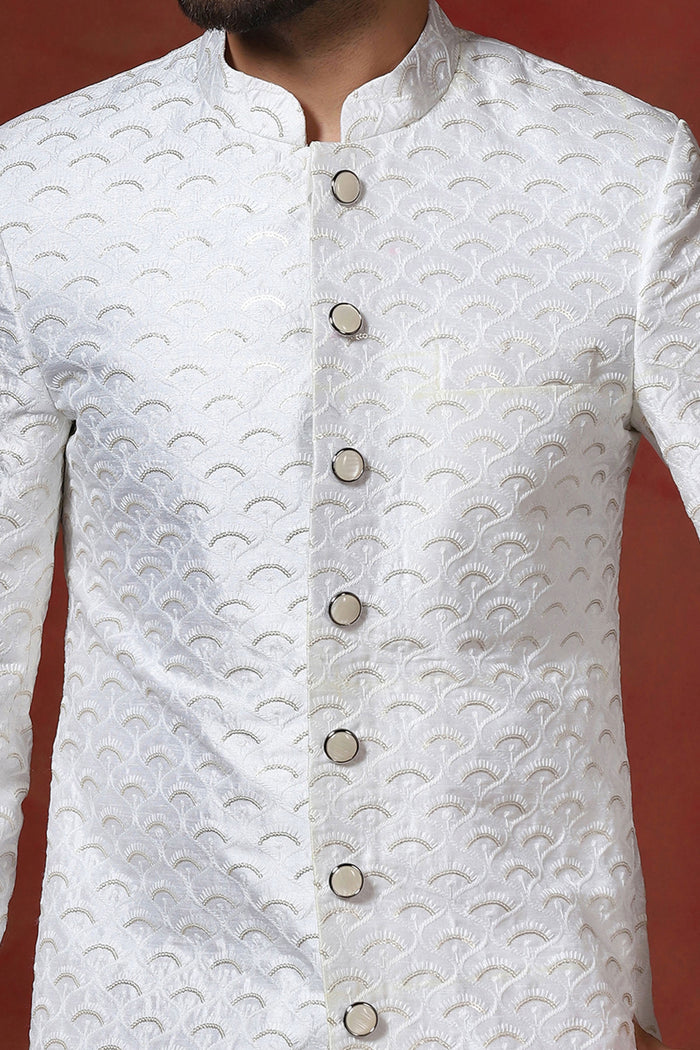 White And Beige Cotton Blend Embroidered Sherwani Set
