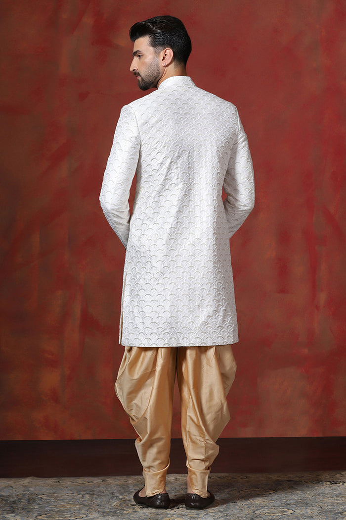 White And Beige Cotton Blend Embroidered Sherwani Set