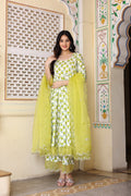 <img> White And Green Cotton Anarkali Set With Handblock Prints