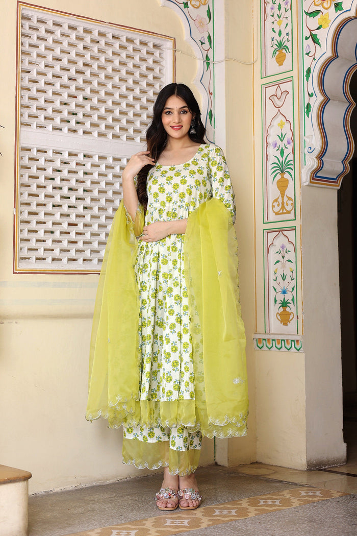 <img> White And Green Cotton Anarkali Set With Handblock Prints