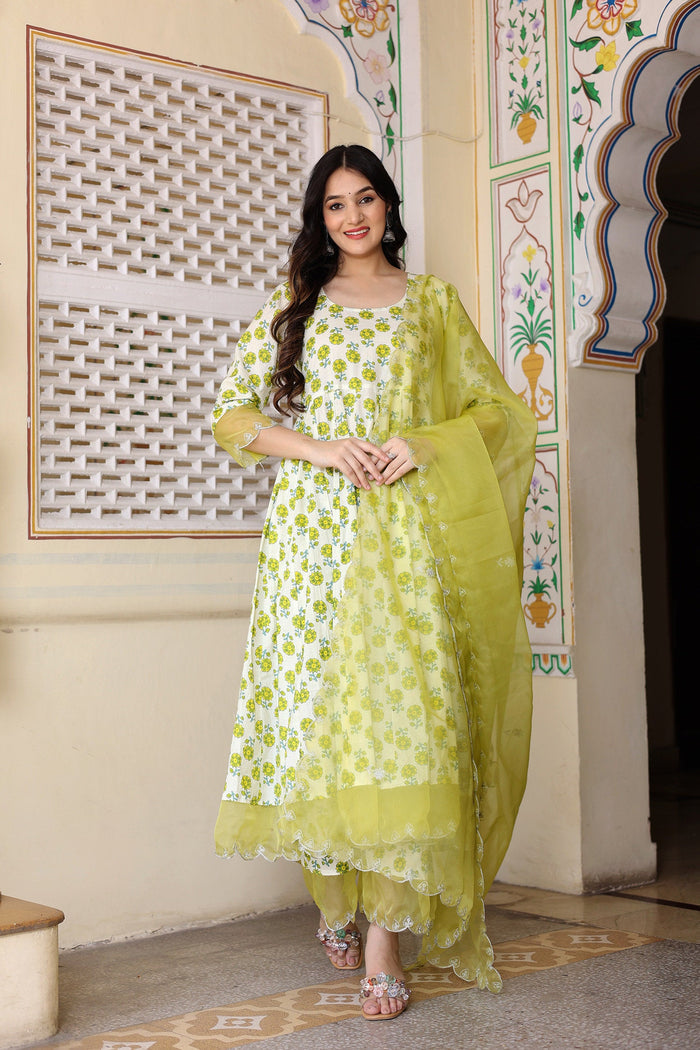<img> White And Green Cotton Anarkali Set With Handblock Prints
