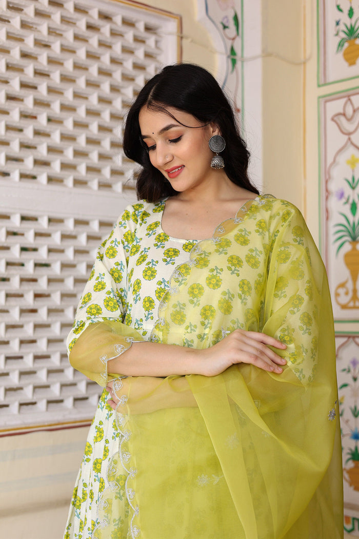<img> White And Green Cotton Anarkali Set With Handblock Prints