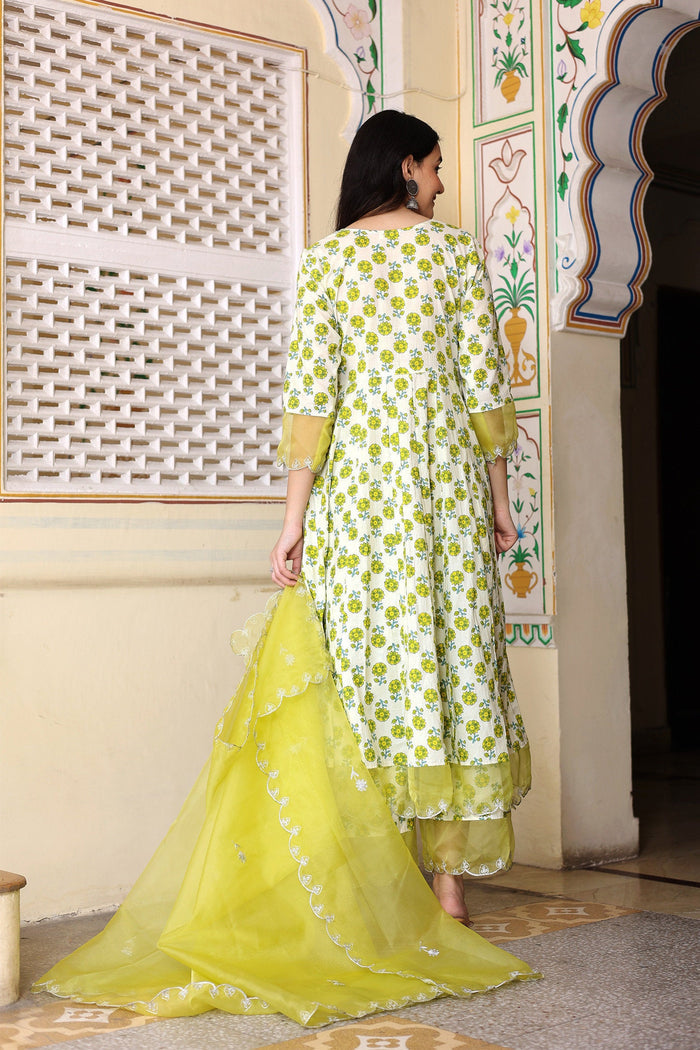 <img> White And Green Cotton Anarkali Set With Handblock Prints
