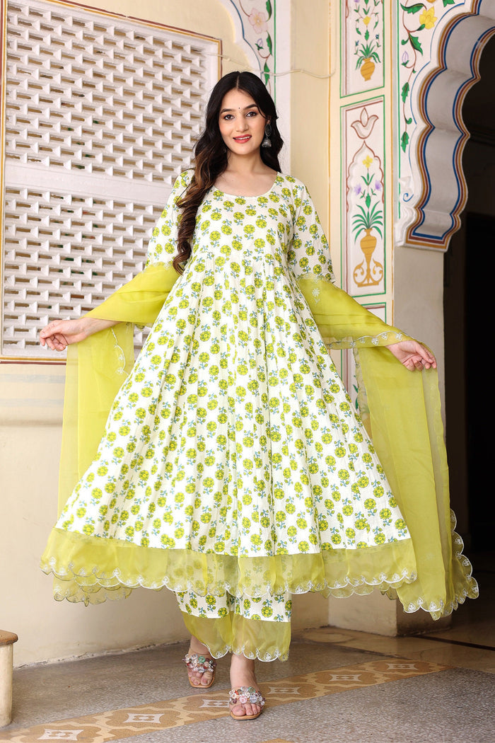 <img> White And Green Cotton Anarkali Set With Handblock Prints