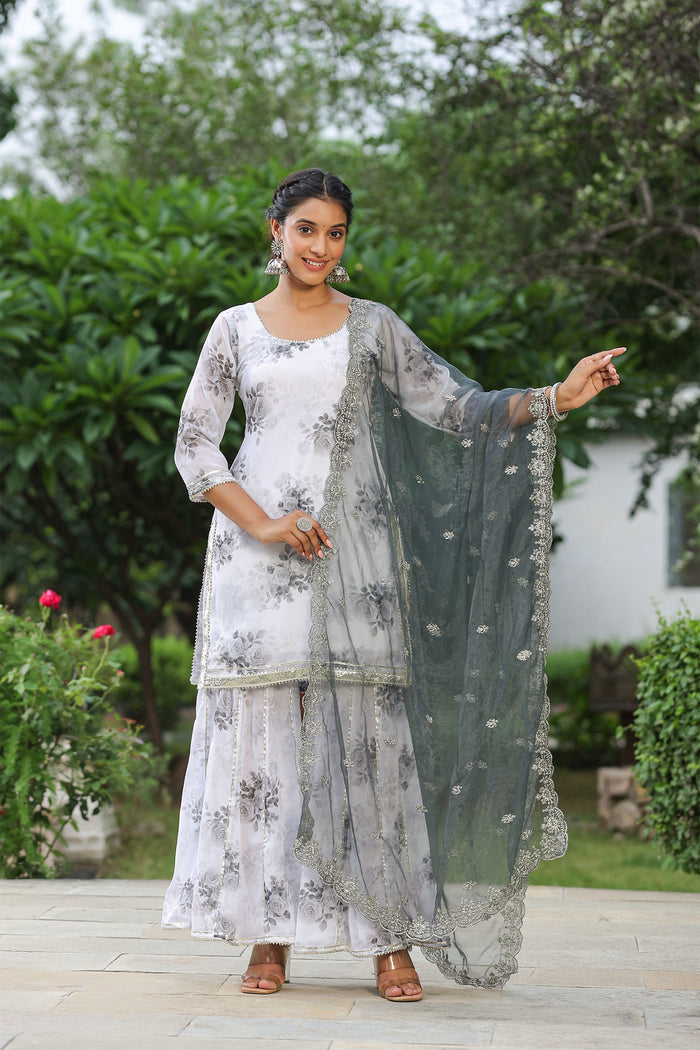 <img> White And Grey Georgette Floral Printed Sharara Set