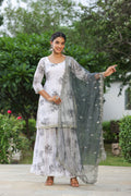 <img> White And Grey Georgette Floral Printed Sharara Set