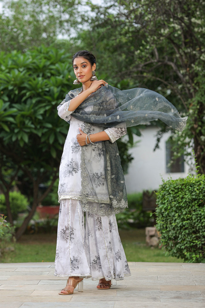 <img> White And Grey Georgette Floral Printed Sharara Set