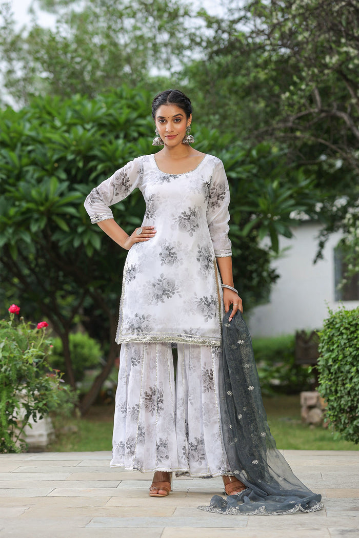 <img> White And Grey Georgette Floral Printed Sharara Set