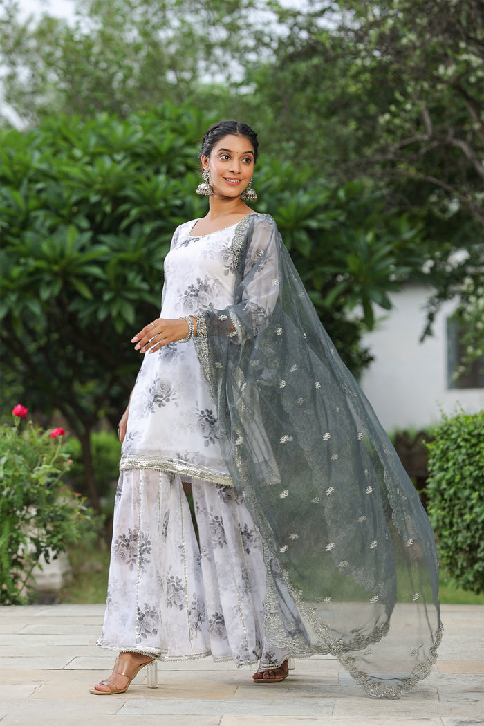 <img> White And Grey Georgette Floral Printed Sharara Set