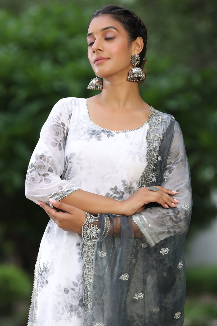 <img> White And Grey Georgette Floral Printed Sharara Set