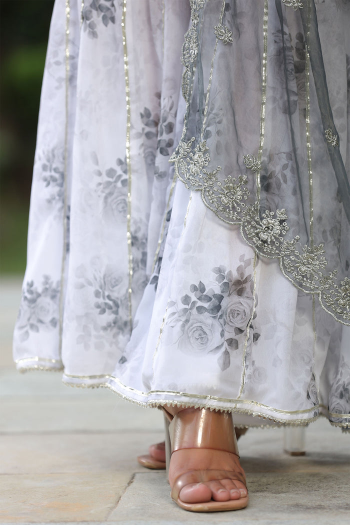 <img> White And Grey Georgette Floral Printed Sharara Set