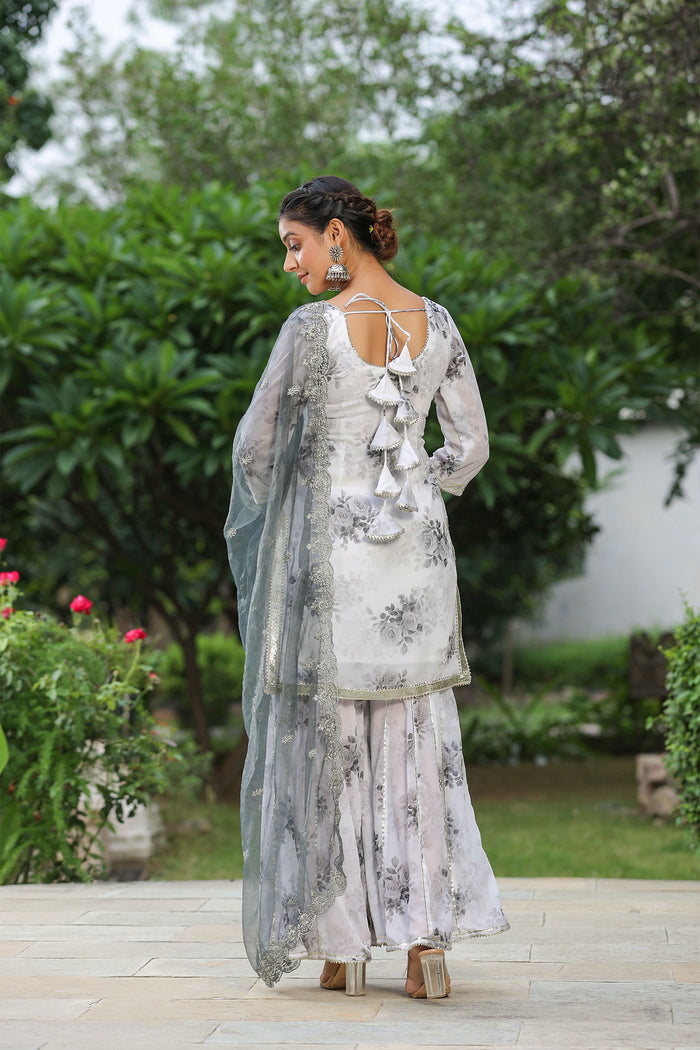 <img> White And Grey Georgette Floral Printed Sharara Set