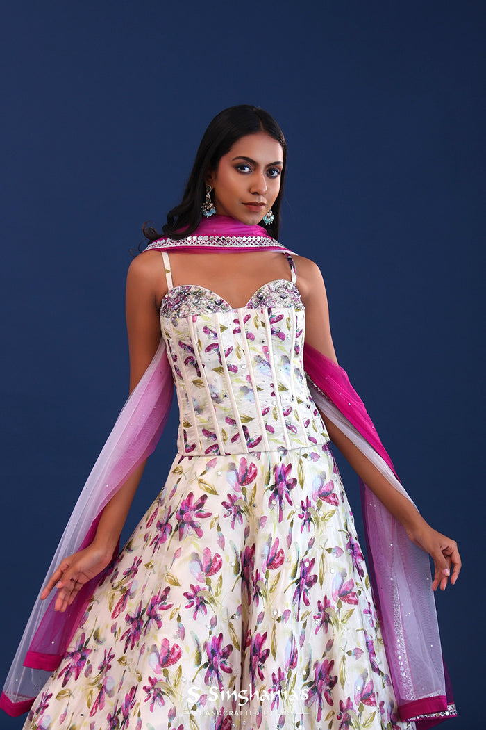 <img> White And Pink Crepe Silk Floral Lehenga Set