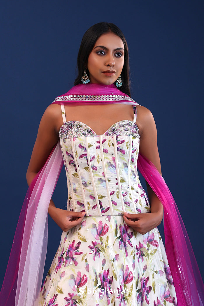<img> White And Pink Crepe Silk Floral Lehenga Set