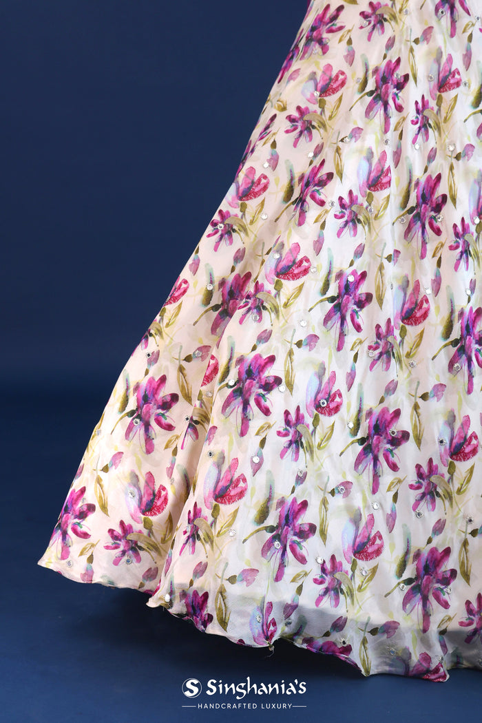 <img> White And Pink Crepe Silk Floral Lehenga Set