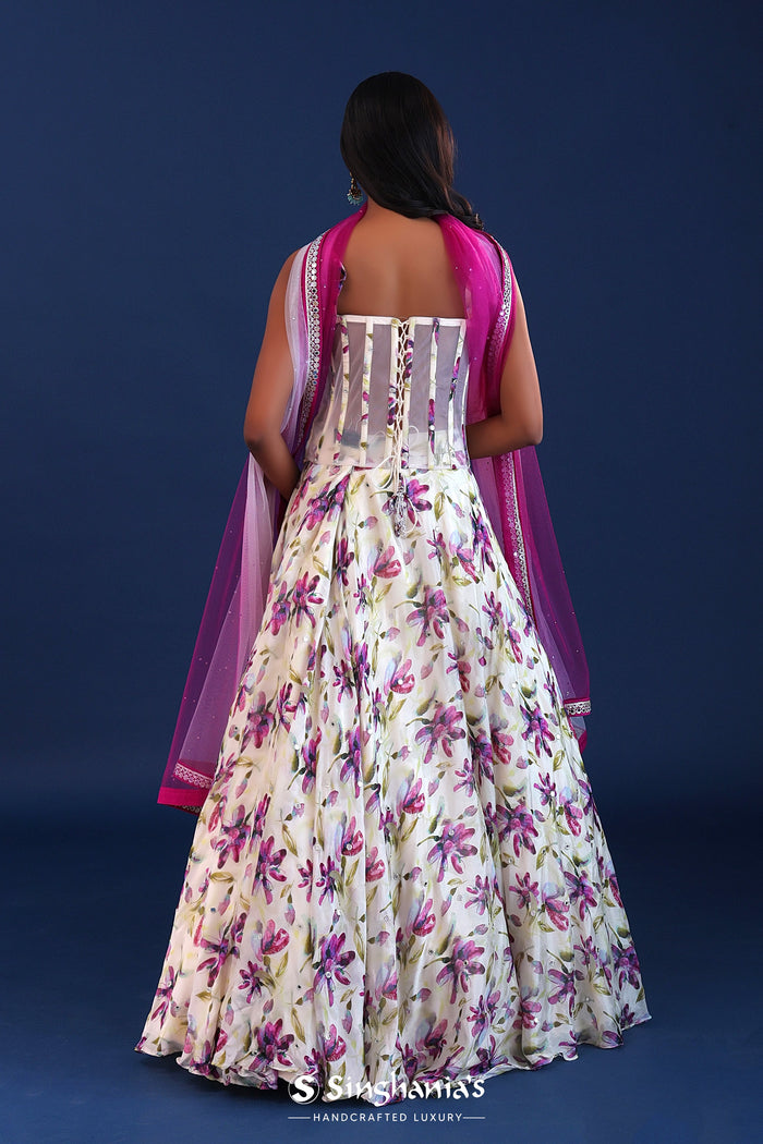 <img> White And Pink Crepe Silk Floral Lehenga Set
