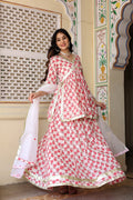 White And Red Floral Printed Cotton Kurta With Skirt Set